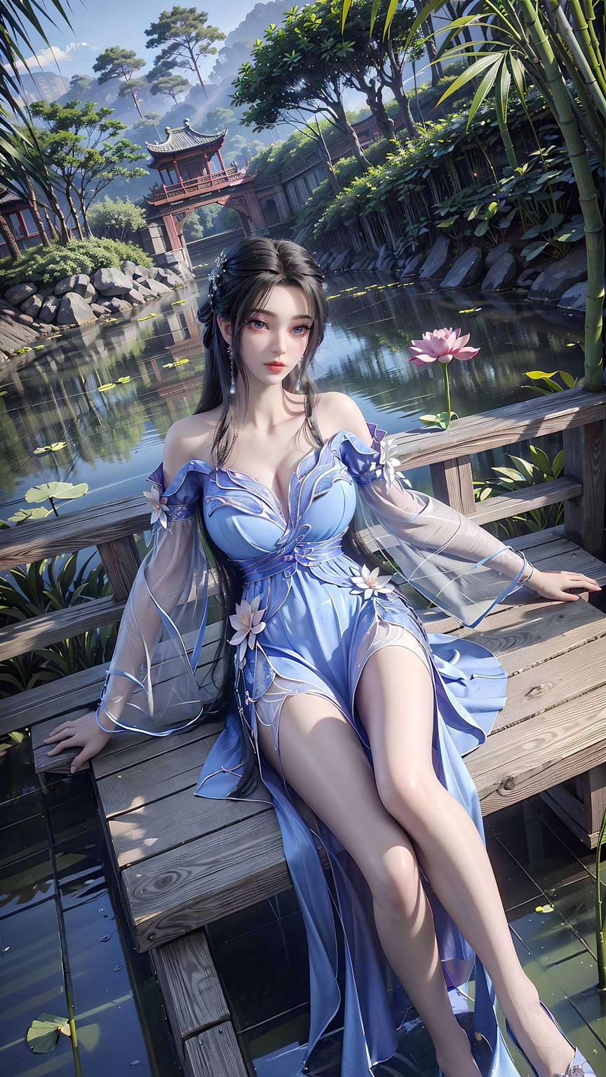 她静坐窗前翠竹掩映