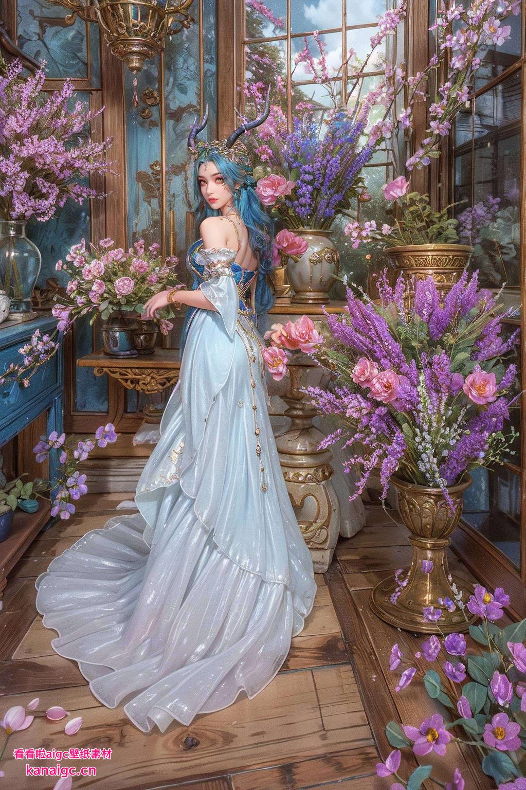 龙女眼神炯炯粉色背景梦幻迷人